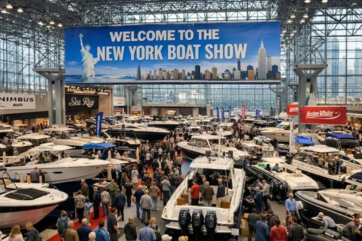Interior view of the Discover Boating New York Boat Show at the Javits Center. A large 'Welcome to the New York Boat Show' banner hangs above a crowded exhibition floor filled with powerboats and attendees