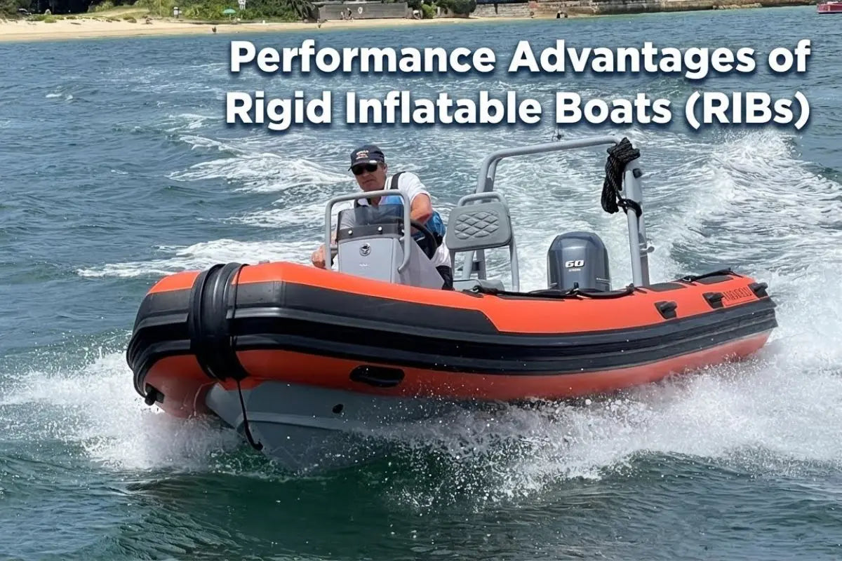 Rigid inflatable boat with an orange hull running at speed across the water, driven by a single operator.