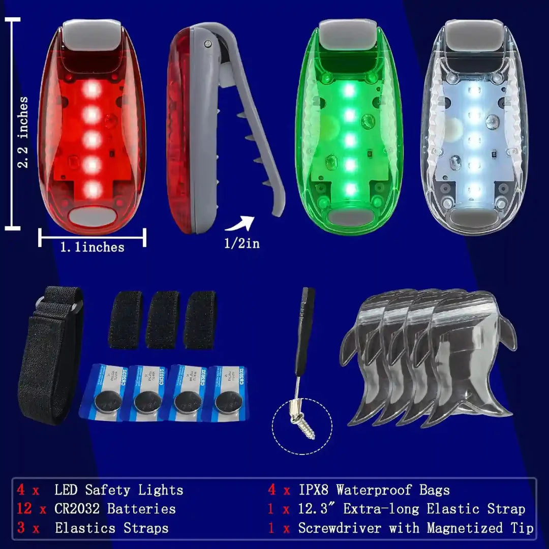 Navigation light kit contents showing batteries straps screwdriver and size dimensions