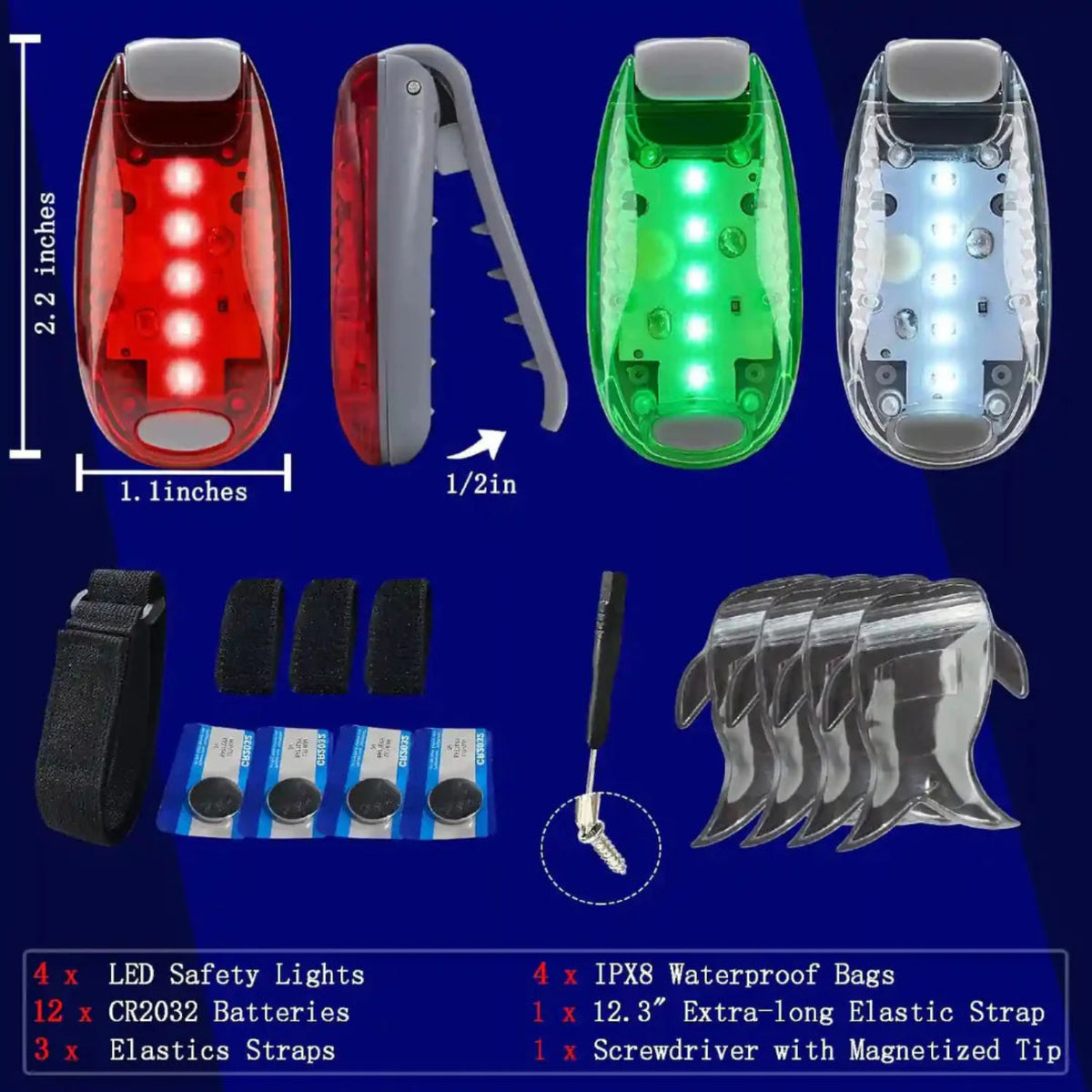 Navigation light kit contents showing batteries straps screwdriver and size dimensions