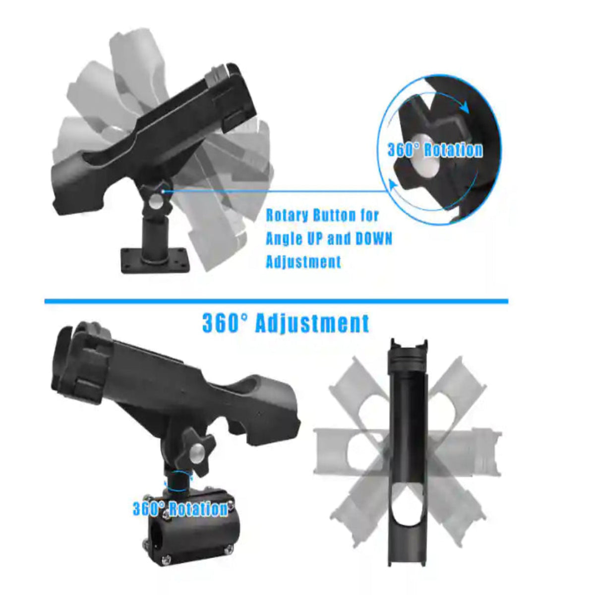 360-degree adjustable fishing reel holder with detailed features on a white background