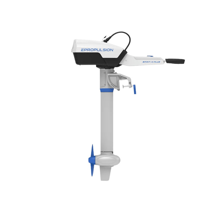 Side profile of Epropulsion Spirit 1.0 Plus electric outboard motor with blue propeller.