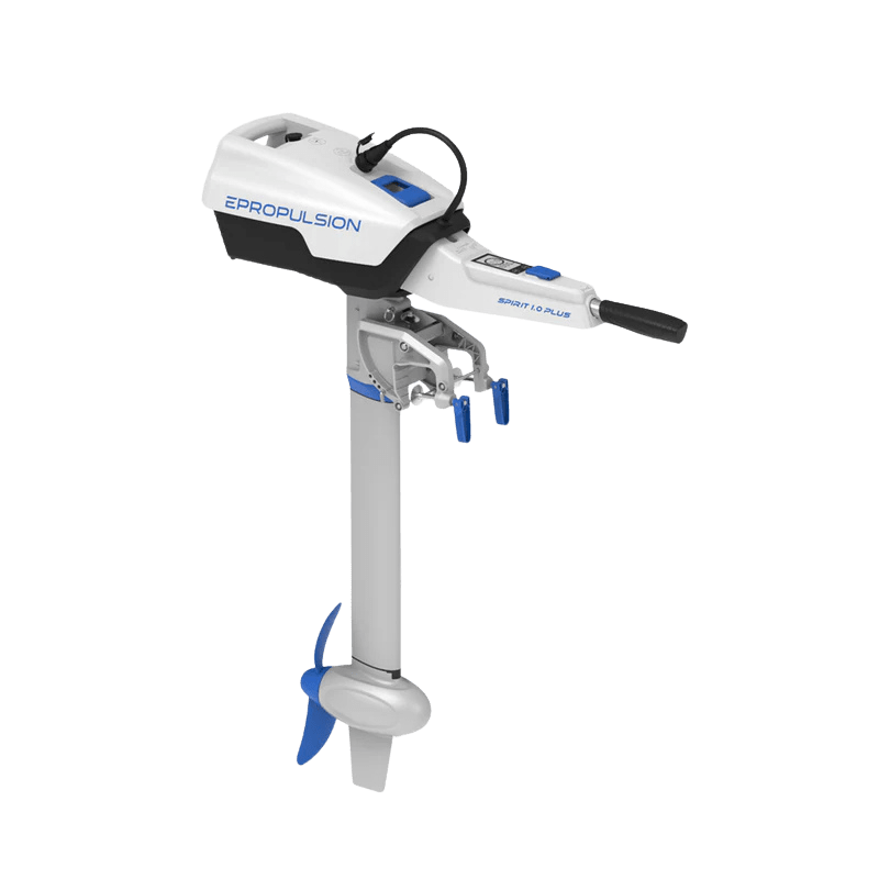 Angled top view of Epropulsion Spirit 1.0 Plus electric outboard motor with blue propeller.
