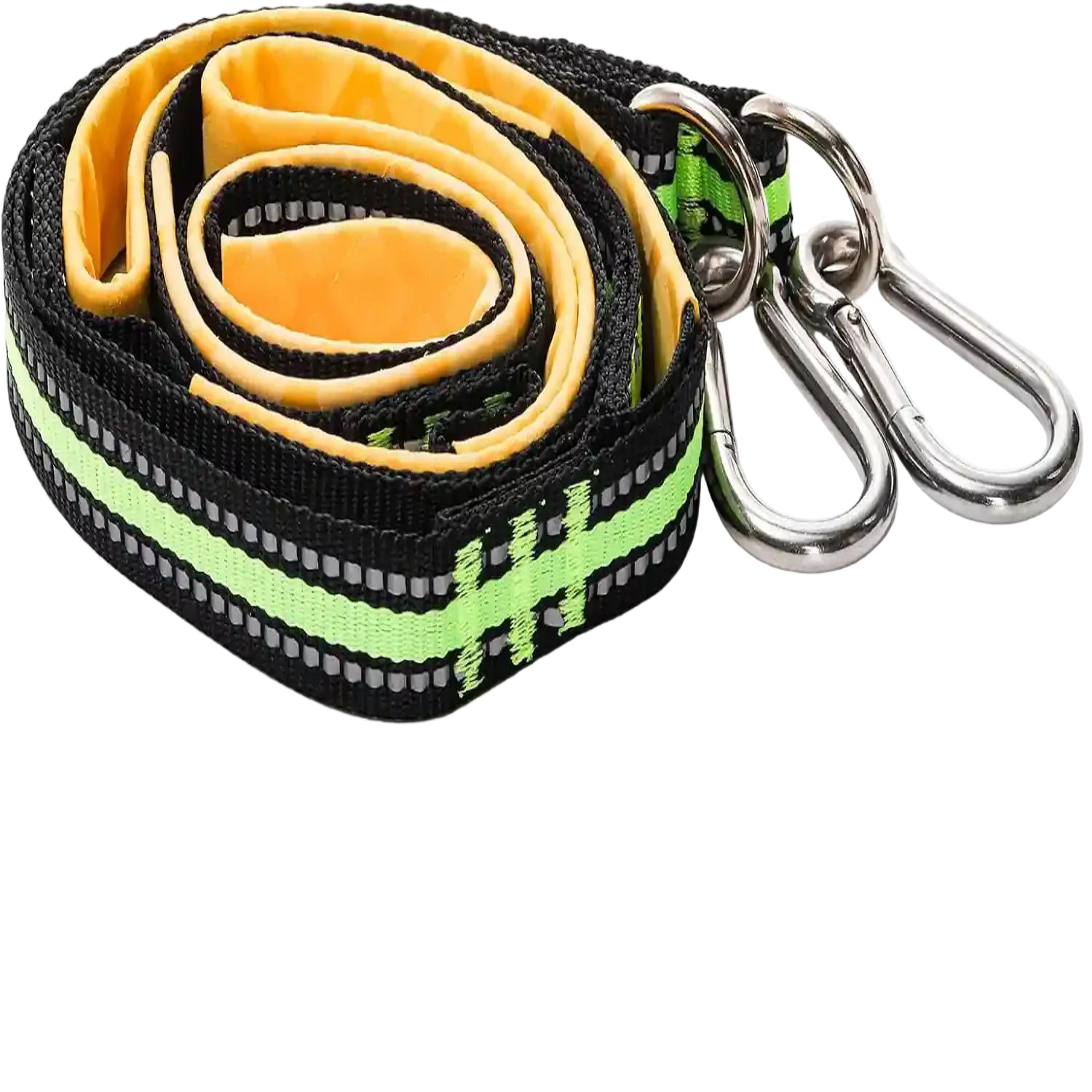 Coiled, portable boat boarding ladder strap with reflective strips and stainless steel hooks, shown ready for storage.