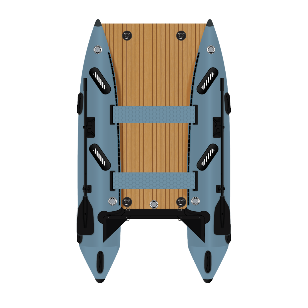 Top view of Rover Marine inflatable boat with wooden deck and mounted oars.