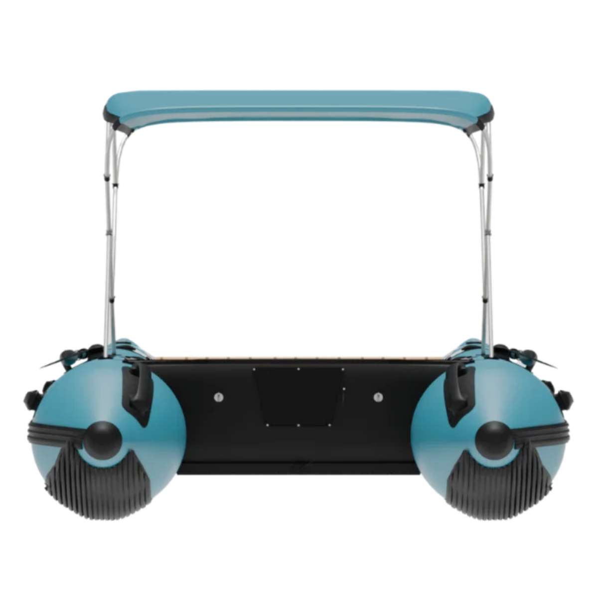 Back view of the Rover Marine Battle Cat inflatable boat featuring a blue bimini top.