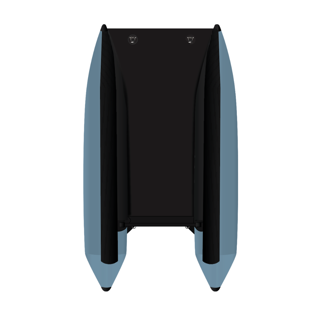 Bottom rear view of Rover Marine inflatable boat with black hull and blue pontoons.