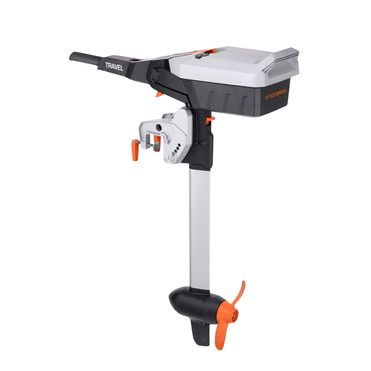 Torqeedo Travel electric outboard motor with orange propeller and integrated tiller handle, side view.