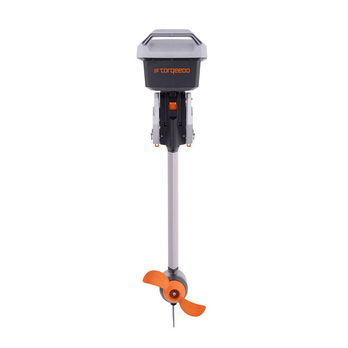 Torqeedo electric outboard motor with orange propeller, full-length product view.