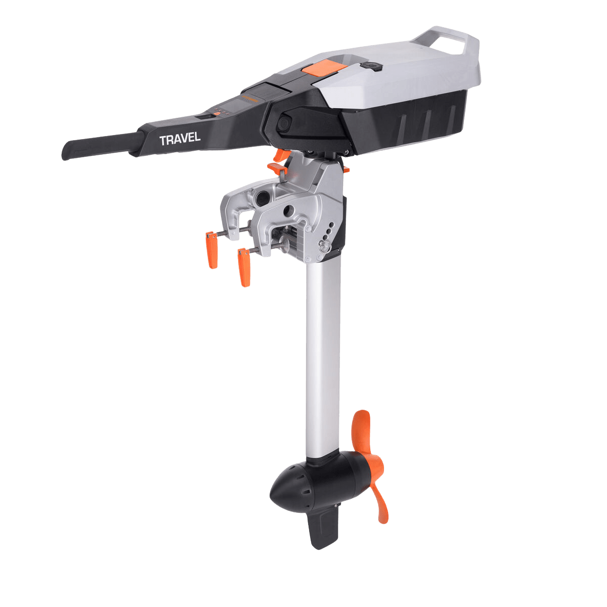 Torqeedo Travel electric outboard motor with orange propeller and adjustable clamp mount.