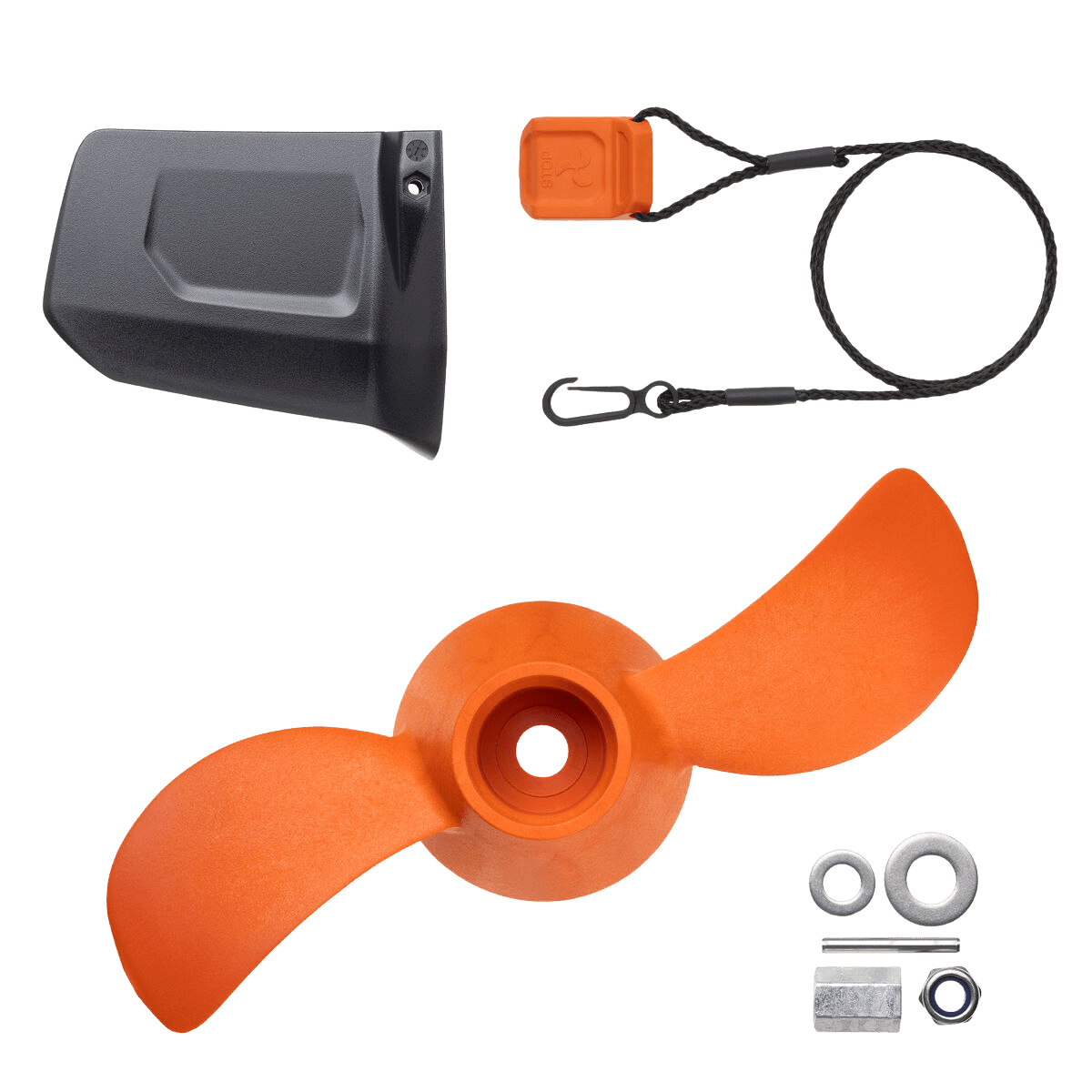 Torqeedo Travel electric outboard motor spare parts kit with orange propeller, safety key, and mounting hardware