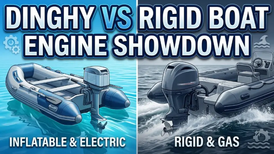 Thumbnail comparing inflatable dinghy with electric motor vs rigid boat with gas outboard in an engine performance showdown.