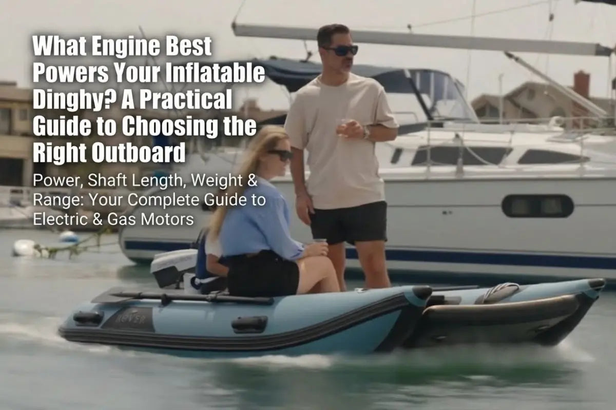People riding an inflatable dinghy in a marina, used as a header image for a guide to choosing the right outboard engine.