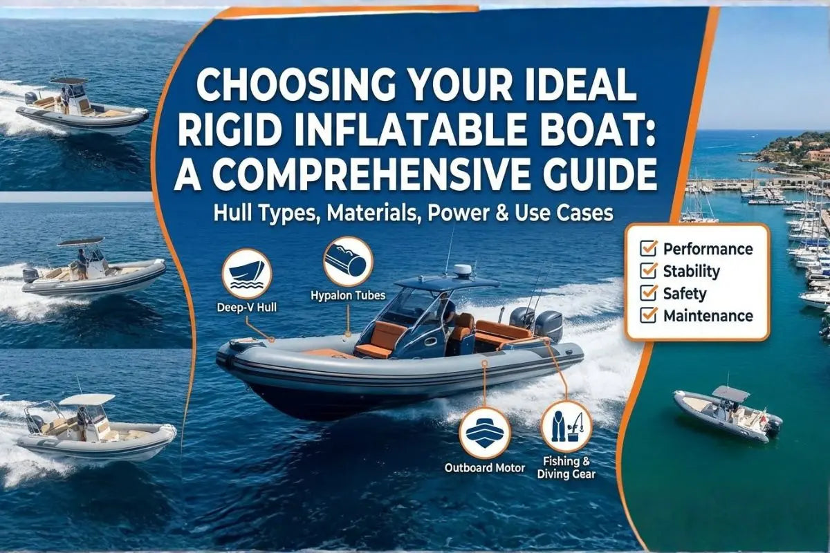 Header image showing various rigid inflatable boats with deep-V hulls, Hypalon tubes, and outboard motors for a comprehensive RIB guide.