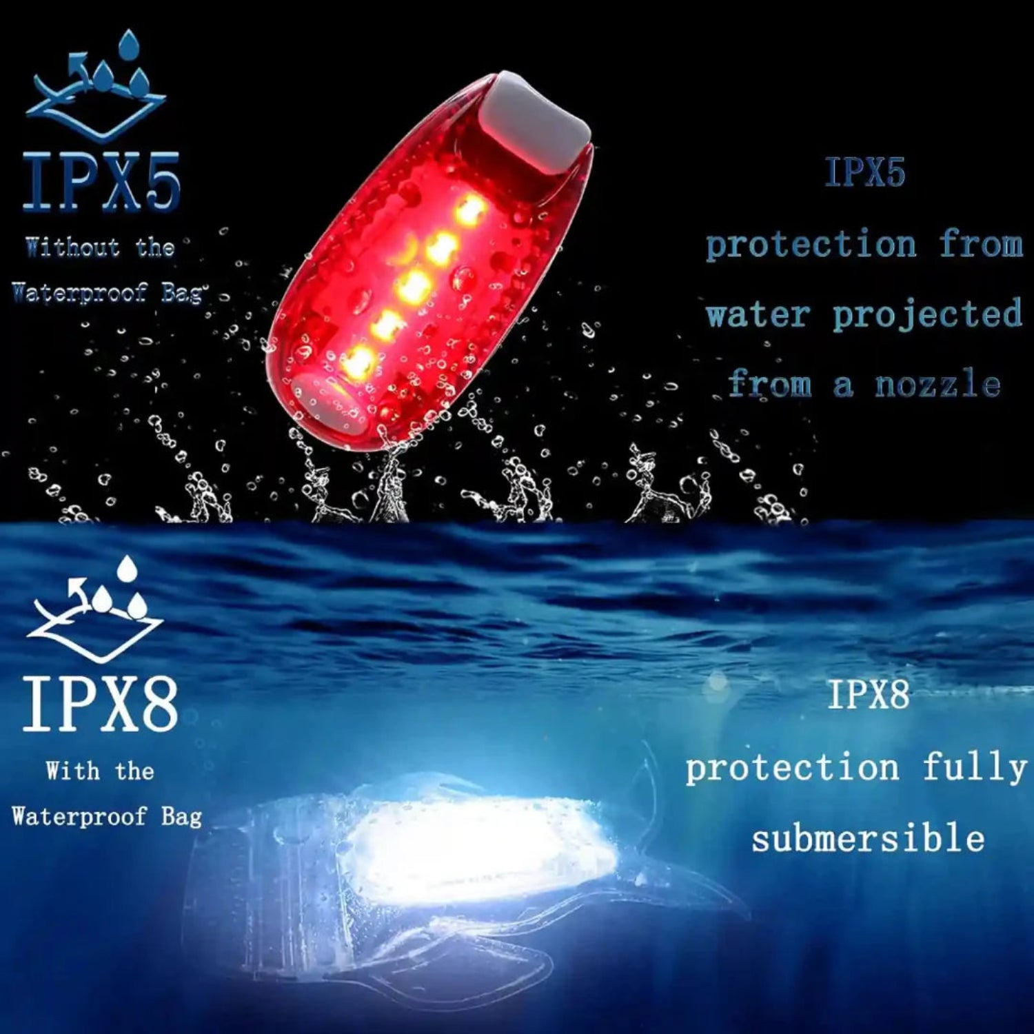 Close-up detail of red LED navigation light showing bright illumination for marine use
