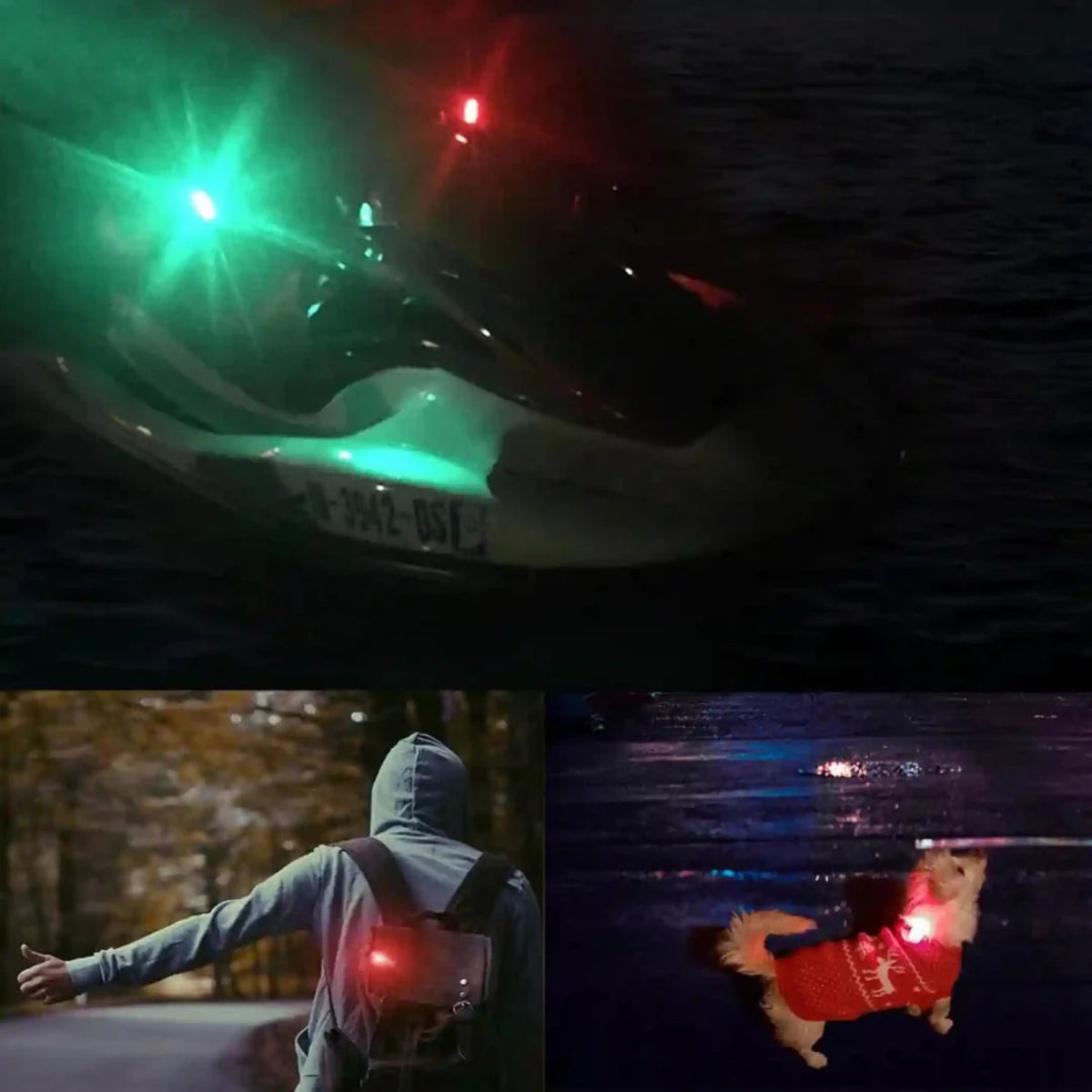 Navigation lights attached to boat kayak bag and dog collar showing versatile clip-on use
