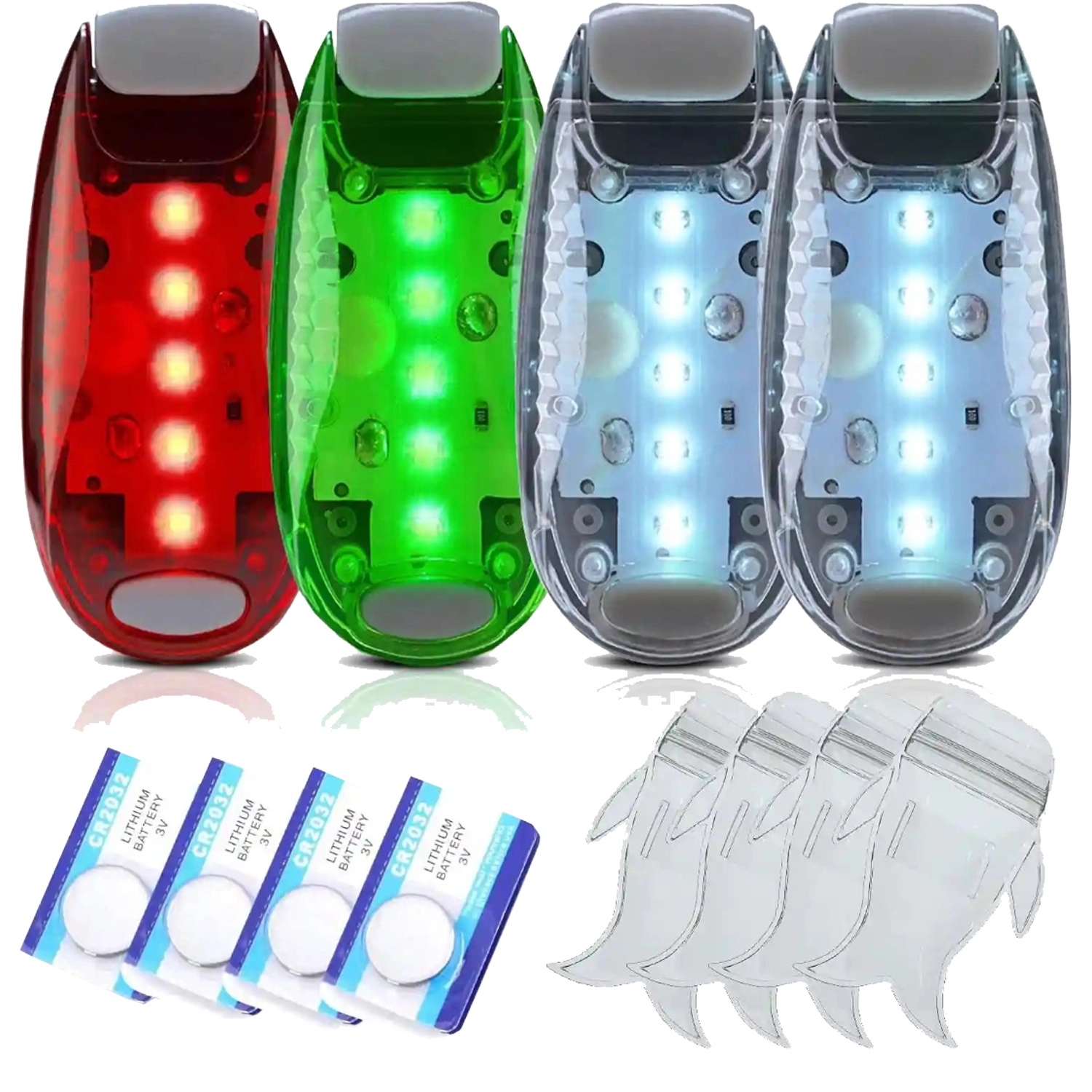 Four LED navigation lights showing red green and white colors for boat kayak safety
