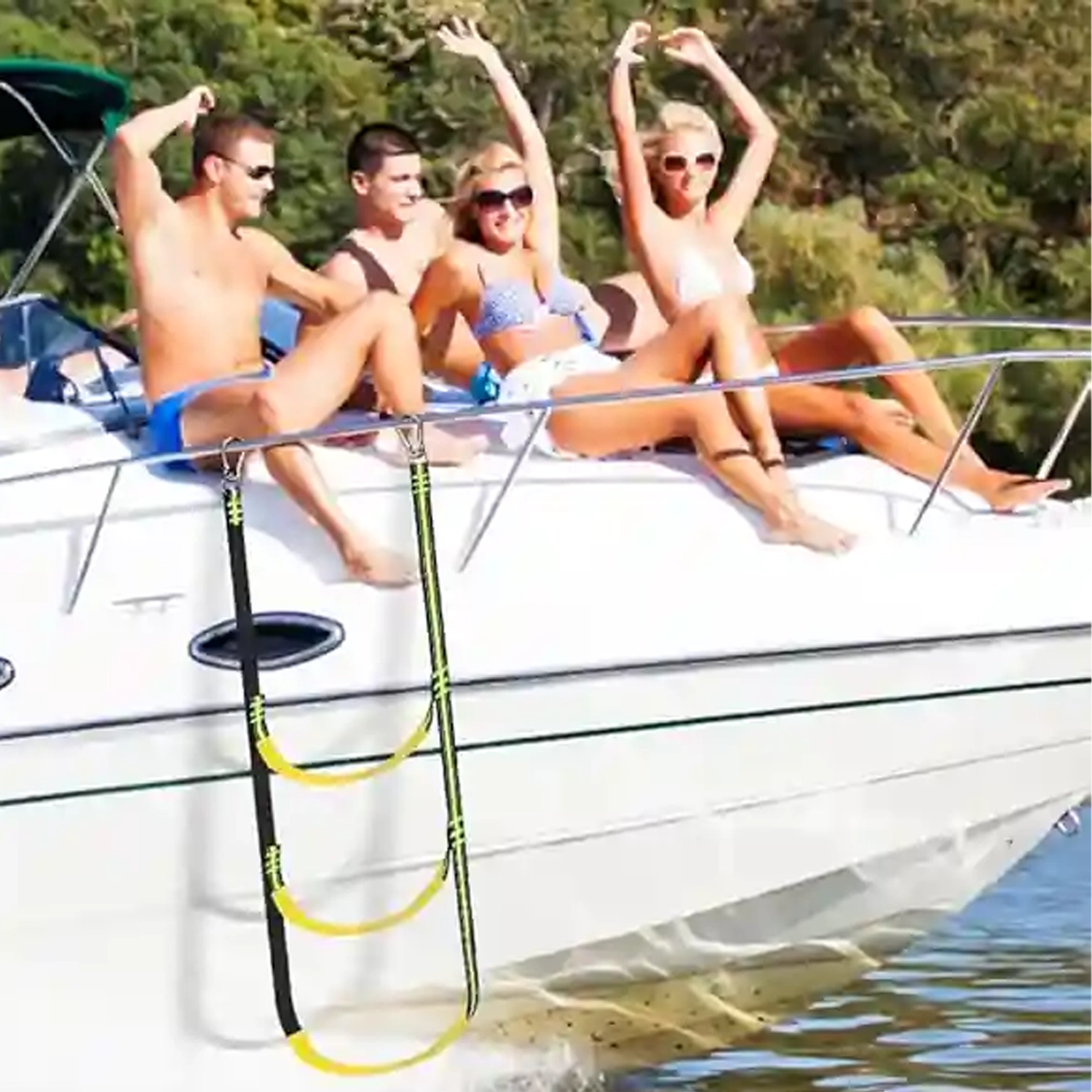 Portable boat boarding ladder strap attached to a motorboat for easy access from the water.