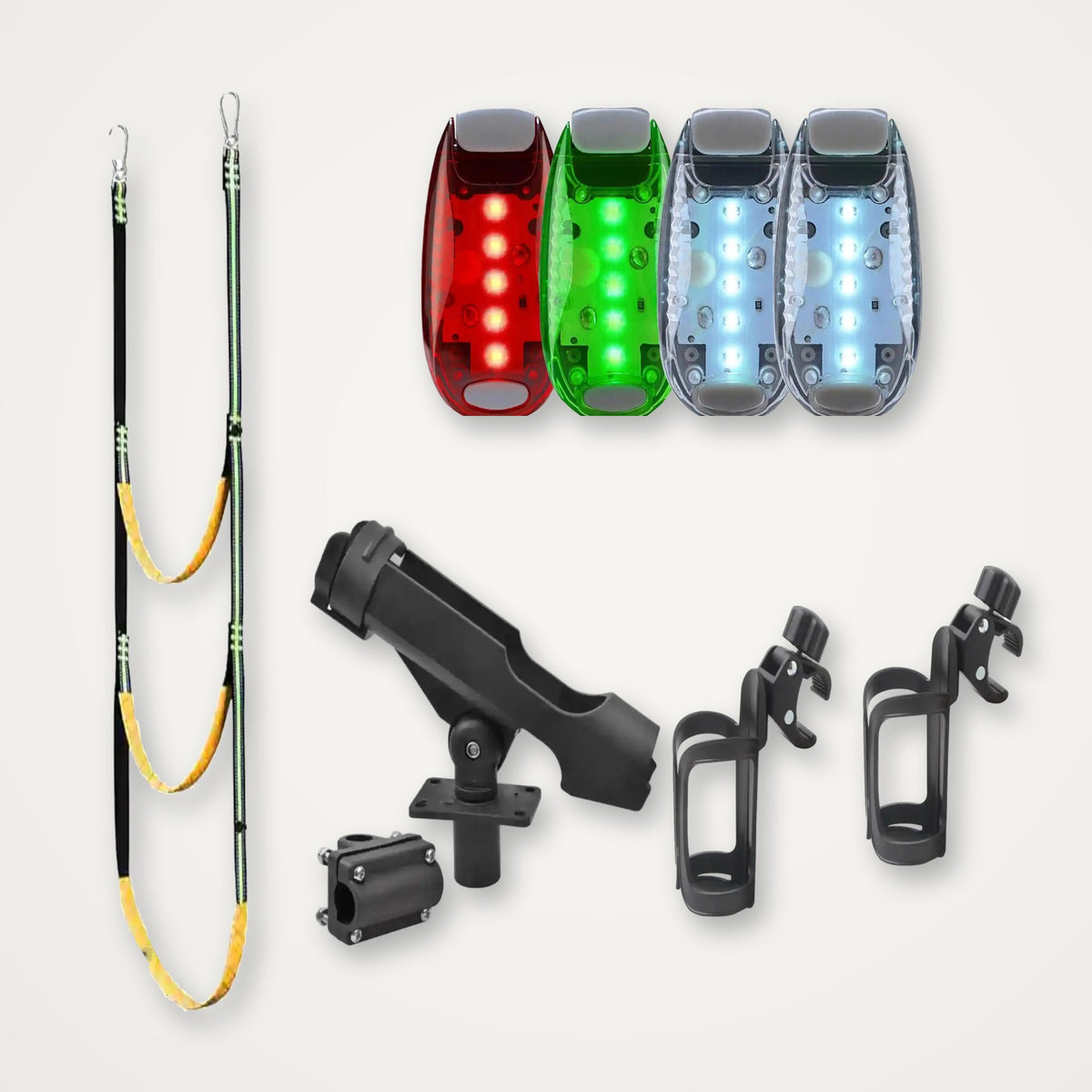 Rover Boaters Package: 3-step rope ladder, 4 LED navigation lights, rod holder and 2 clamp-on cup holders