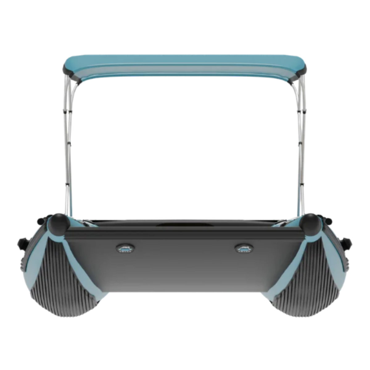 Front view of the Rover Marine Battle Cat inflatable boat with its blue canopy.