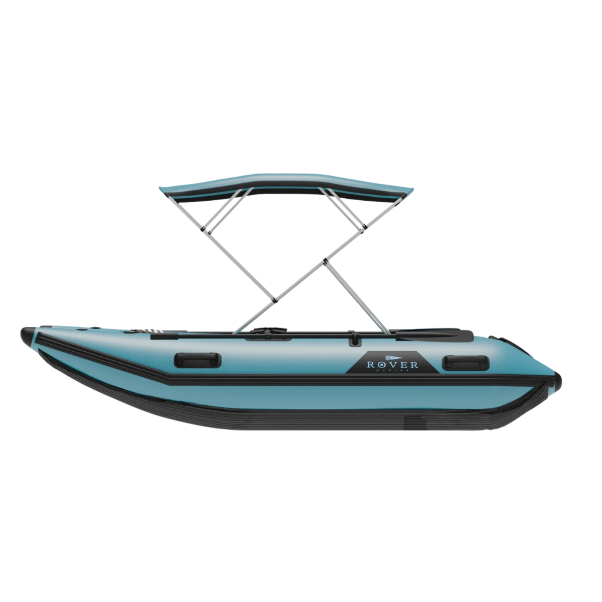 Left side profile of the Rover Marine Battle Cat inflatable boat with bimini attached.