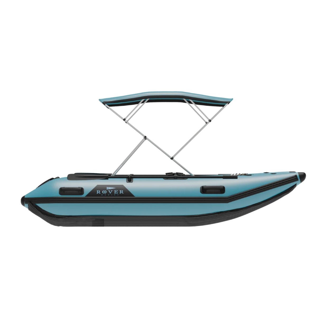 Right side profile of the Rover Marine Battle Cat inflatable boat with bimini attached.