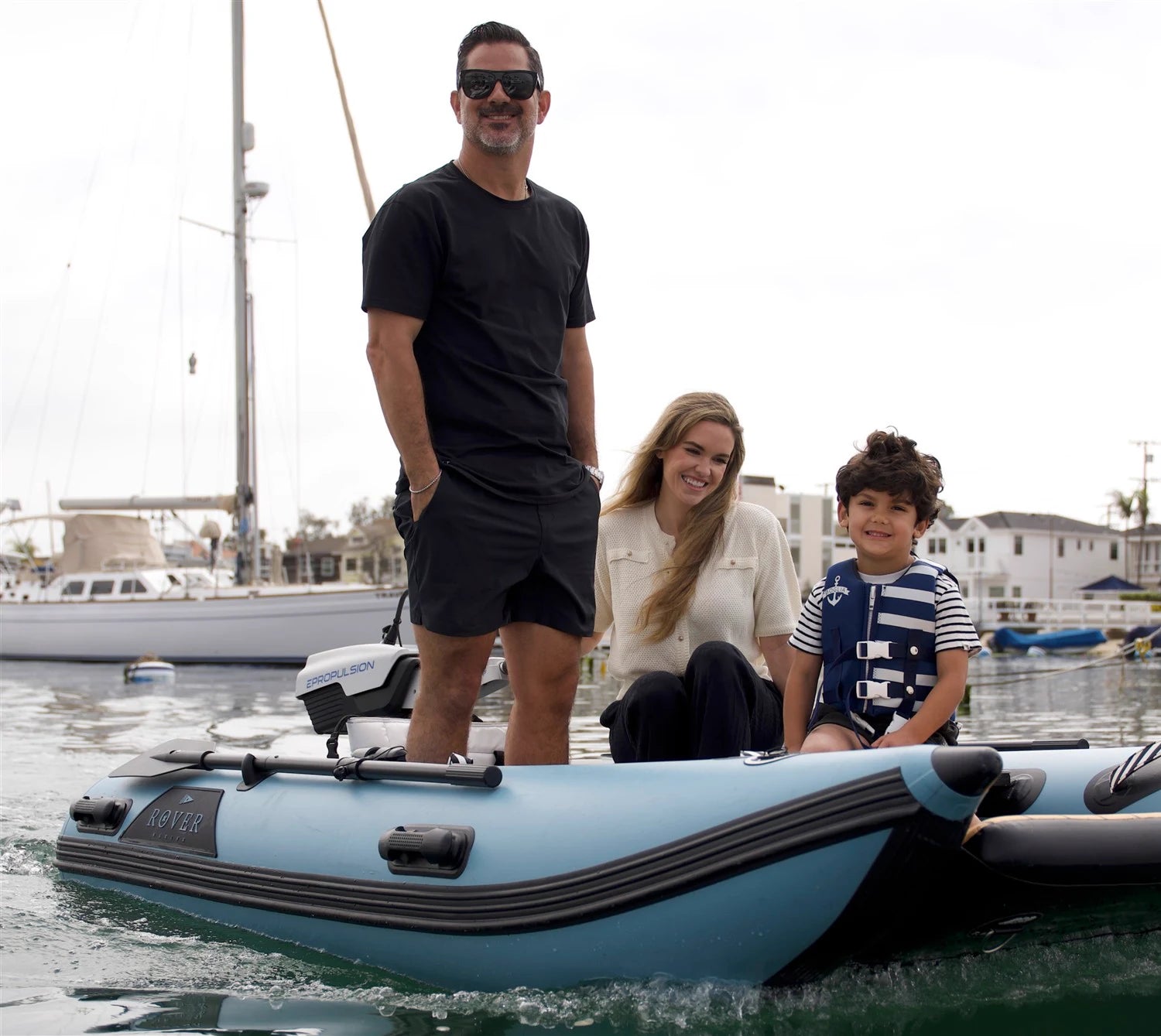 Rover Marine founder Nick Lanfranco with his family aboard a Rover inflatable boat