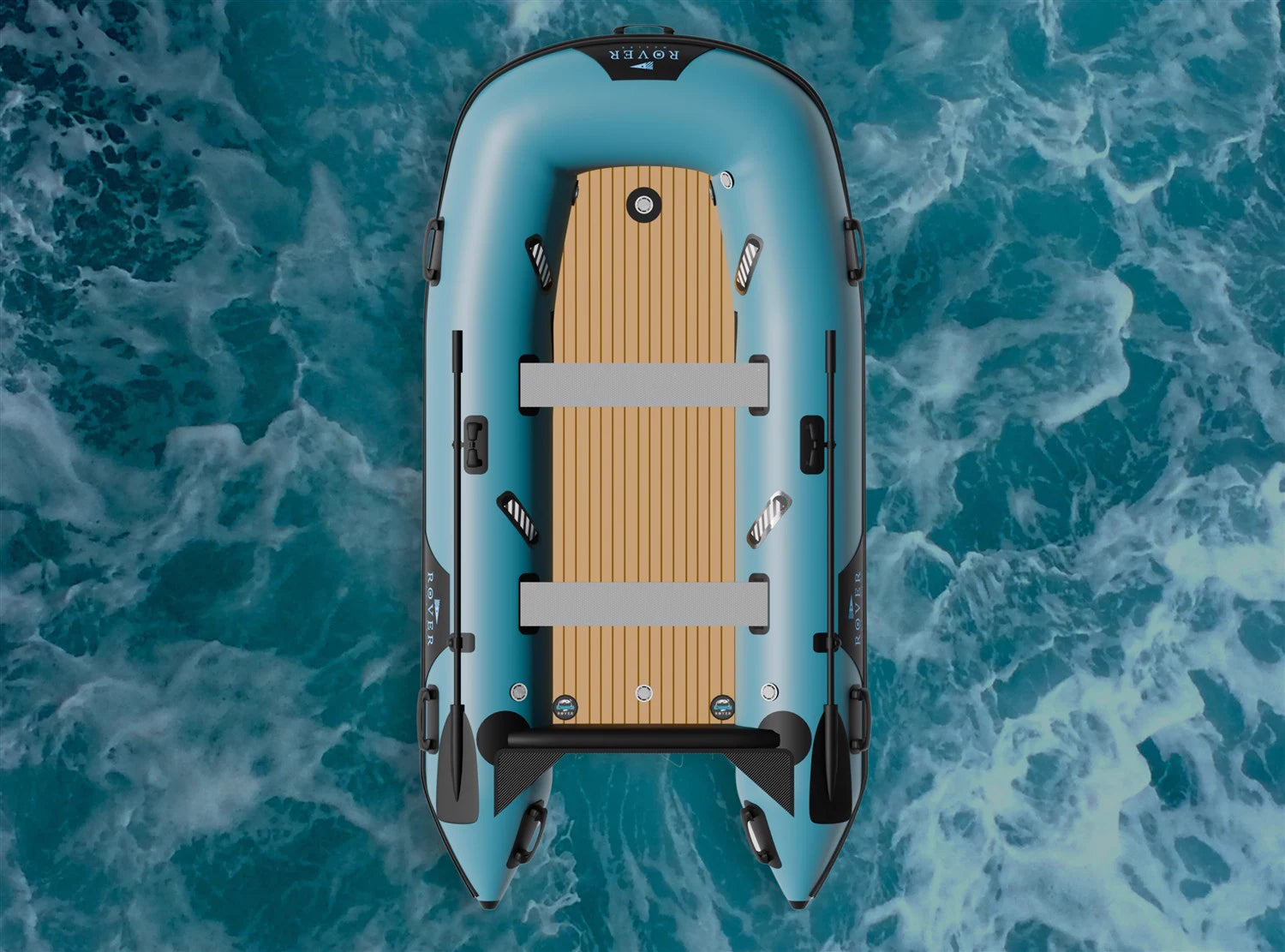 Rover Battle Boat inflatable dinghy seen from above on open water