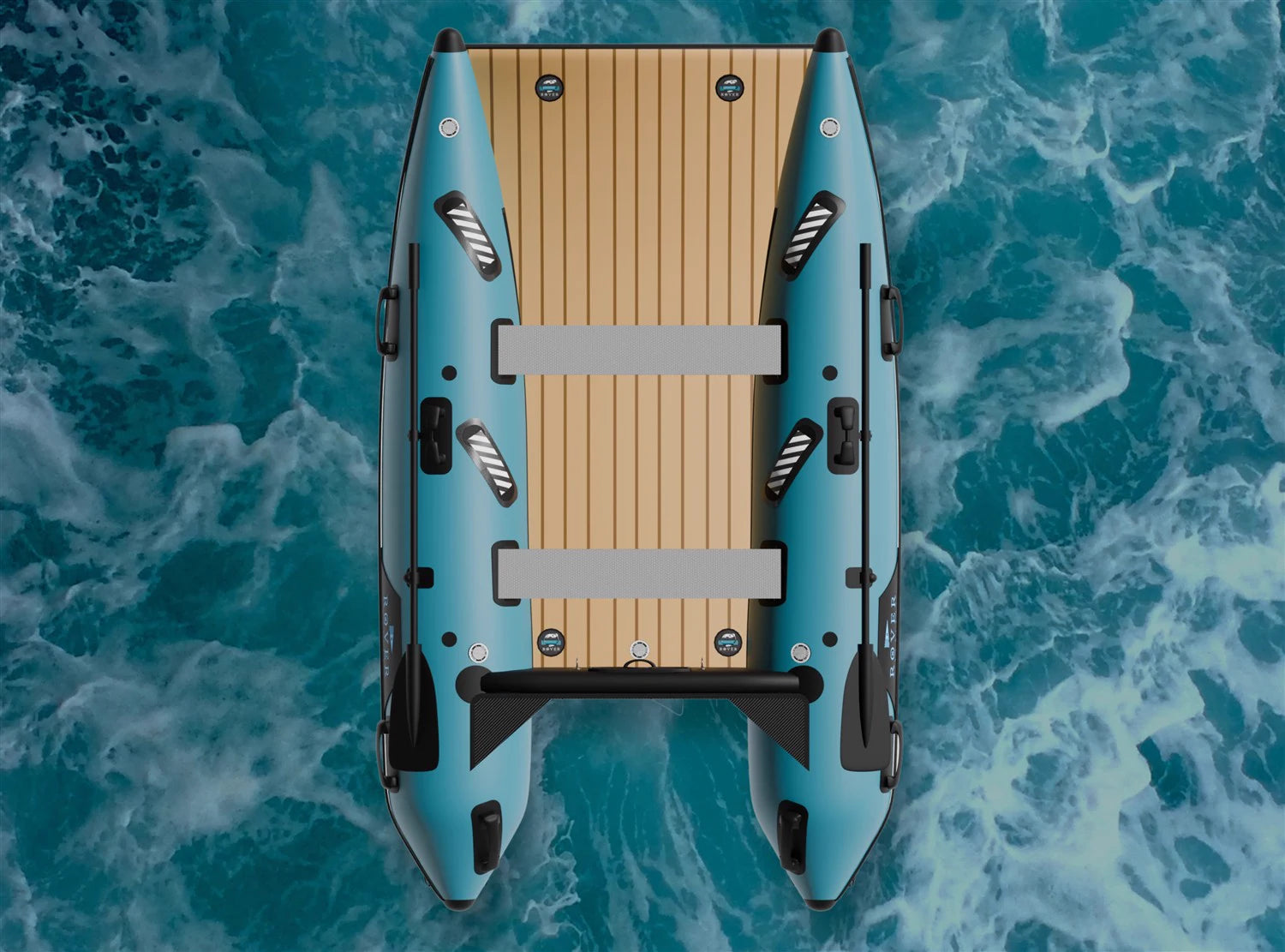 Rover Battle Cat inflatable catamaran seen from above on open water